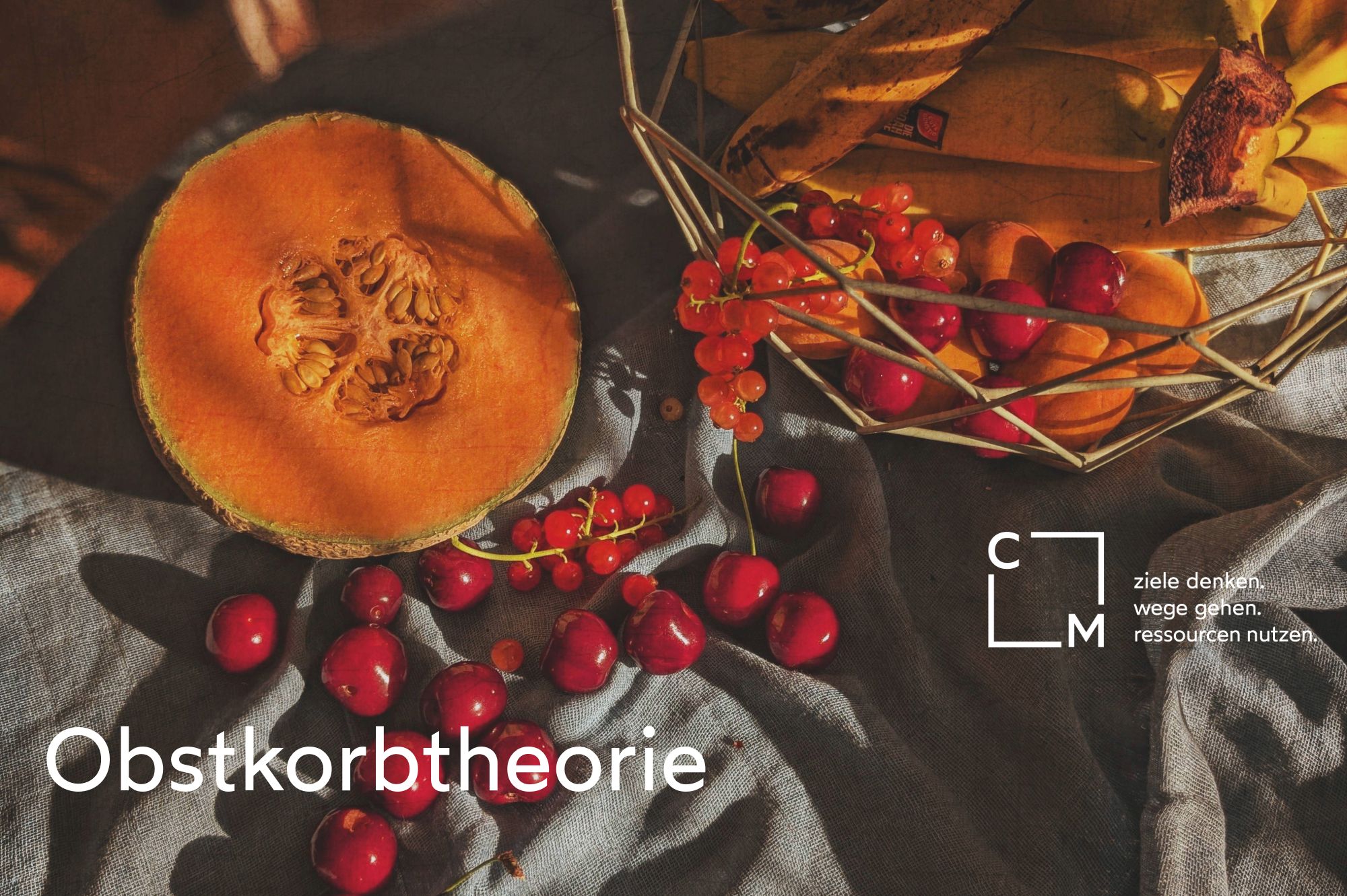 Auf dem Bild ist ein Obstkorb von oben zu sehen mit verschiedenen Früchten darin. Der Bildtitel ist "Obstkorbtheorie"