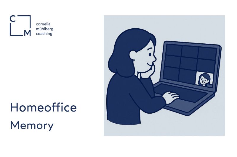 homeoffice Links steht der Text "Homeoffice Memory" Rechts ist eine Cartoon Figur am Rechner zu sehen die sich in einem zoom call befindet doch nur ihre eigene Kamera ist an.