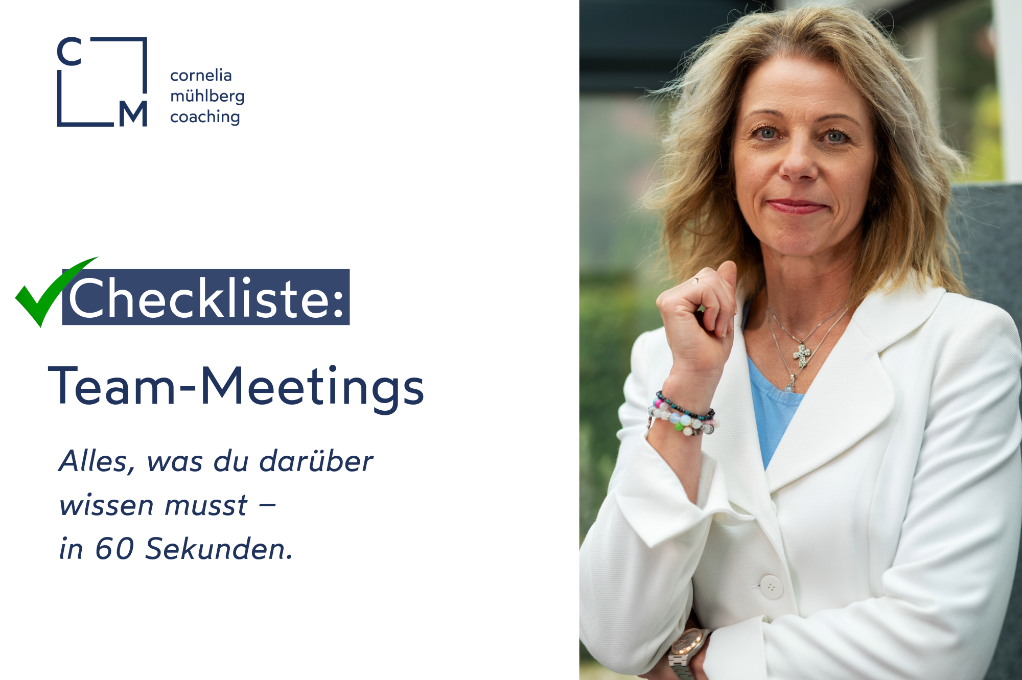 Ein Frau im hellen Sakko und überschriften Checkliste Team-Meetings