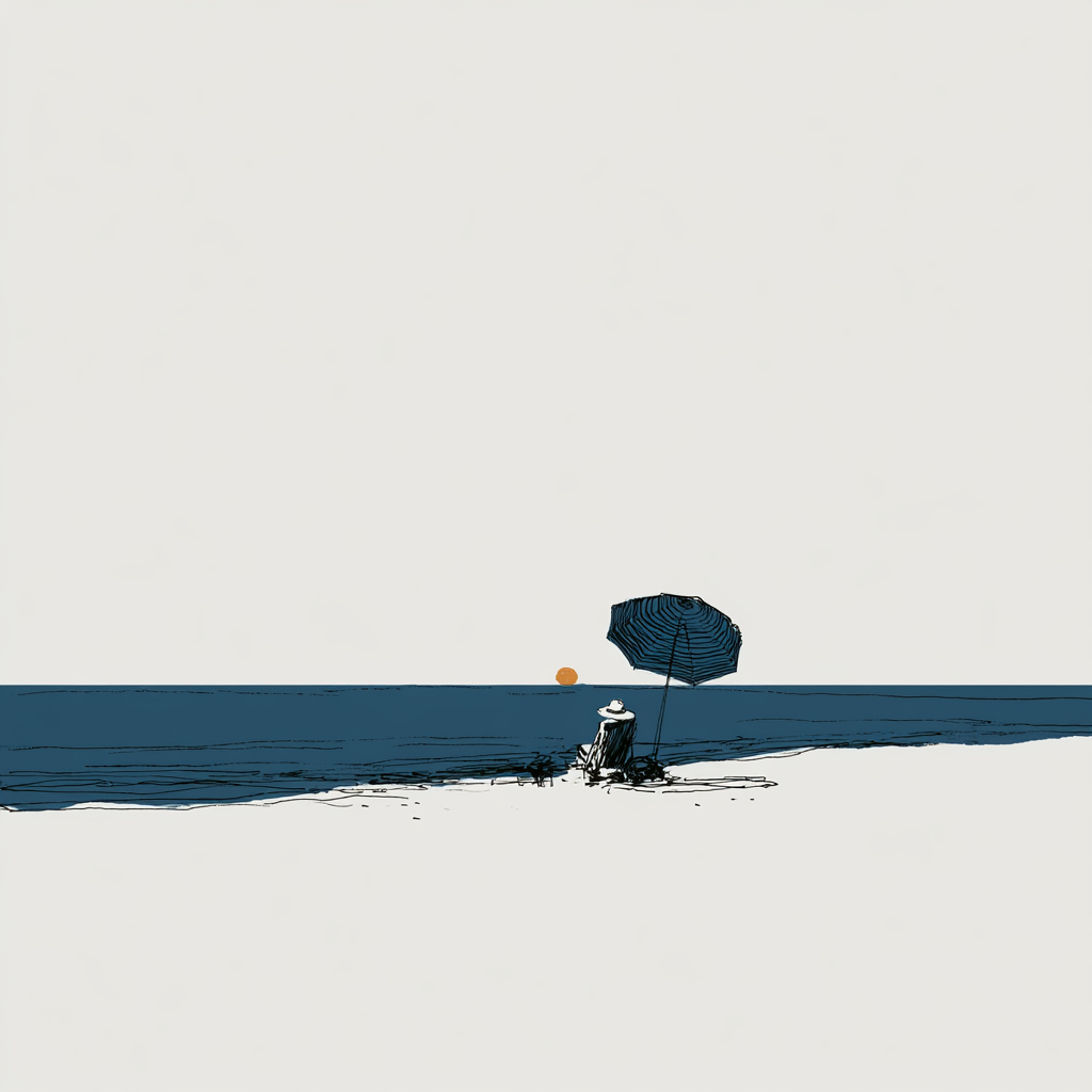 minimal elegant line drawing, mediterranean summer feeling, calm sea clear horizon, subtle striped parasol or sun accent, warm and refined coastal atmosphere, smooth controlled linework, light and airy composition